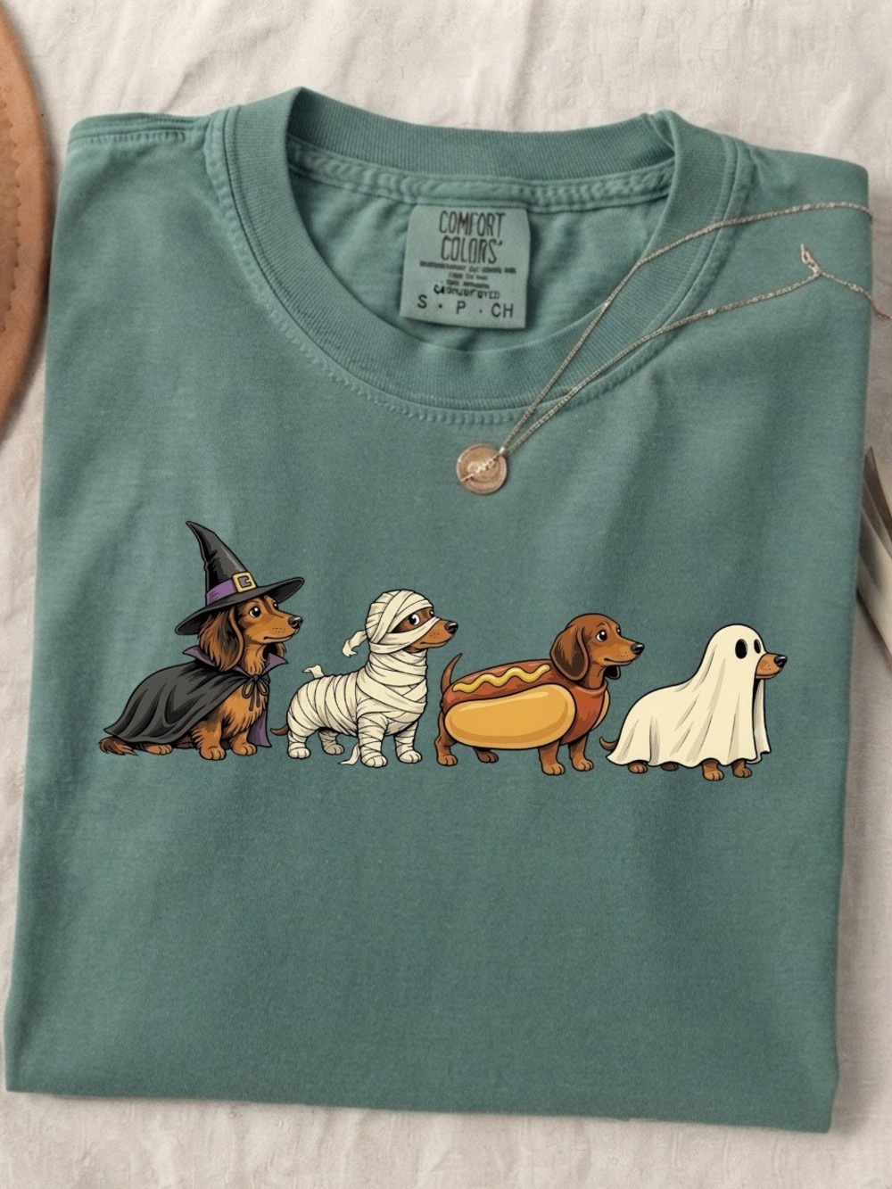 Spooky Dachshund Dogs Halloween Cute Sage Comfort Colors T-Shirt